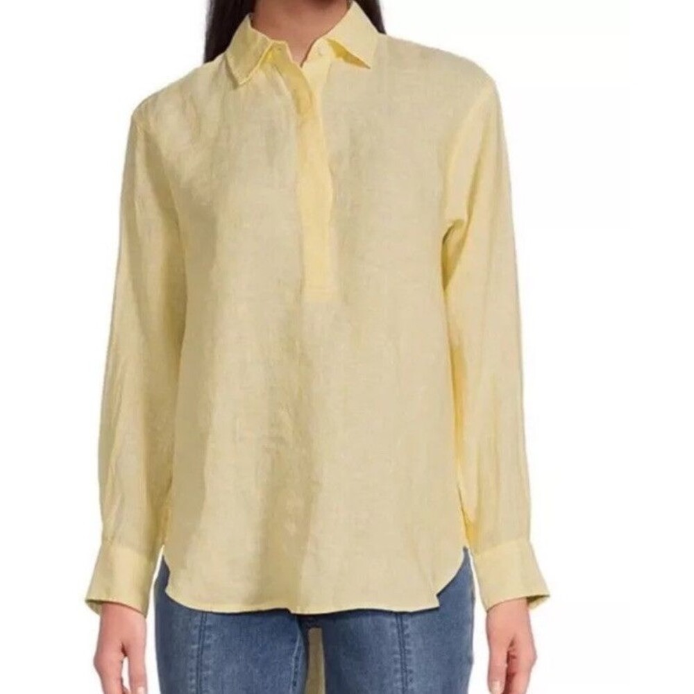 J.McLaughlin Lula Striped Linen Spread Collar Long Sleeve Shirttail Hem Shirt S